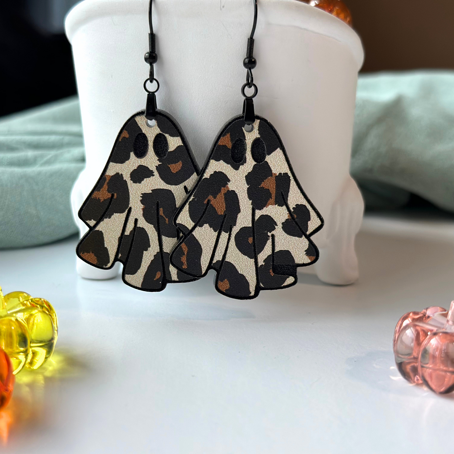 Ghost Earrings, Floral Ghost Earrings, Cheetah Print Ghost Earrings