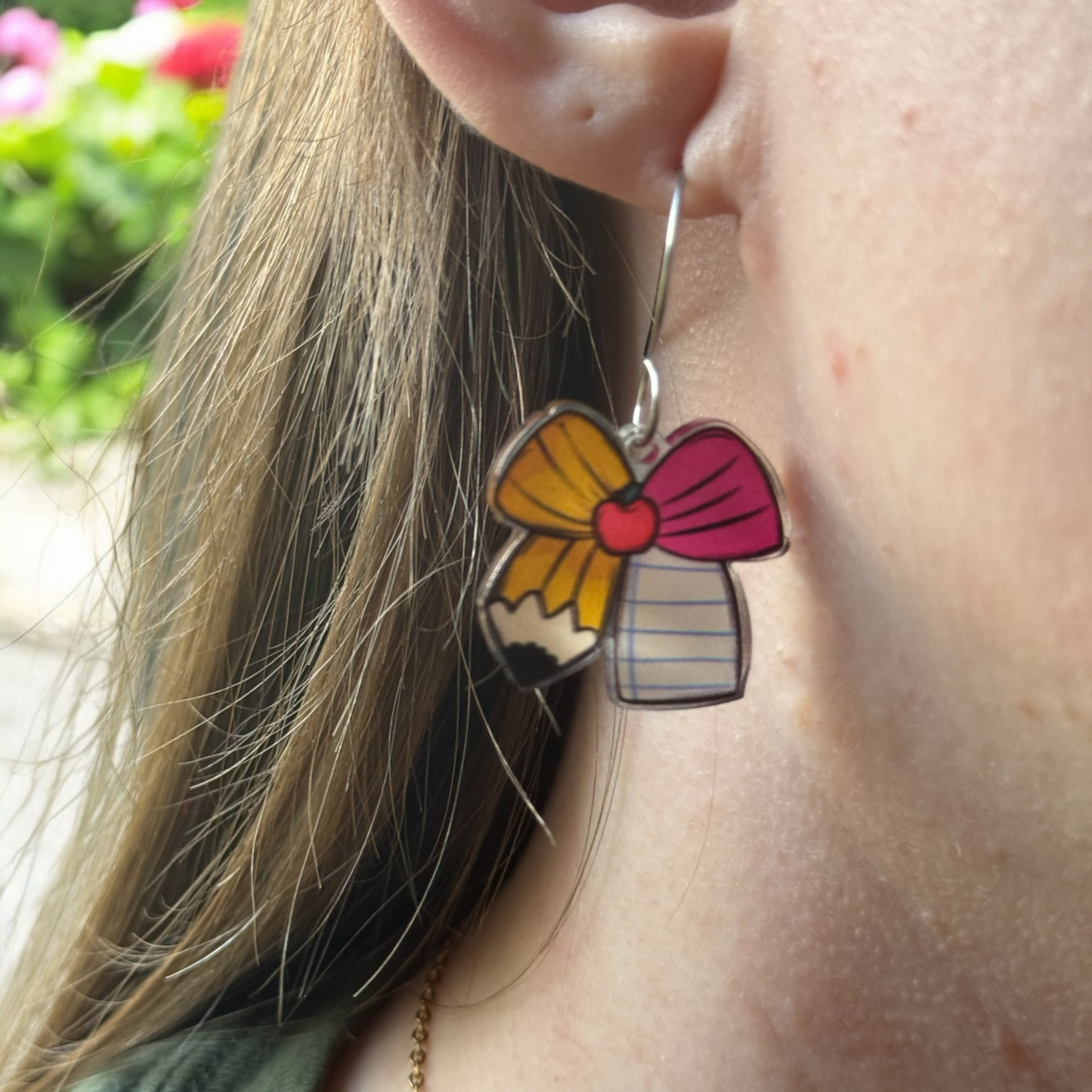 School-Themed Teacher Earrings, Fun Pencil, Apple and Bow Design