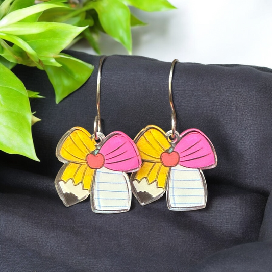 School-Themed Teacher Earrings, Fun Pencil, Apple and Bow Design