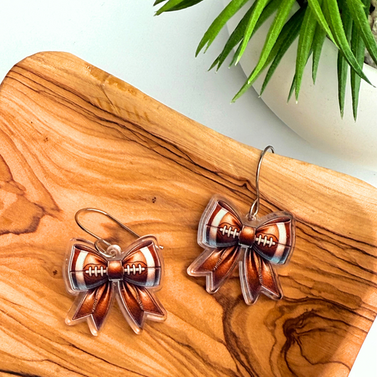 Sports Bow Earrings – Football and Baseball Design, Clear Acrylic, Stainless Steel Hooks