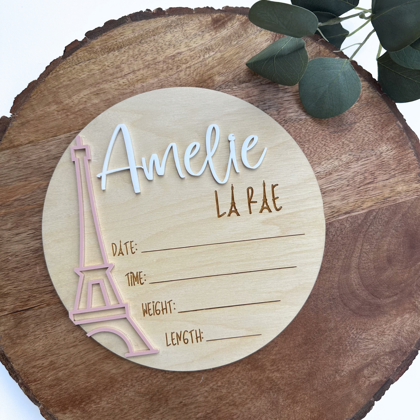 Personalized Birth Announcement, Eiffel Tower Design, Newborn Keepsake, Nursery Decor for Baby Girl