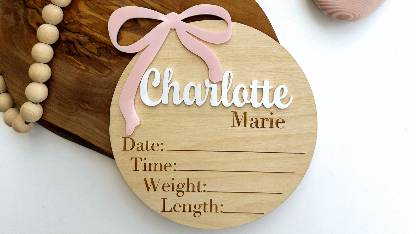 Bow Baby Girl Announcement Sign, Baby Birth Stat Sign, Baby Girl Baby Shower Gift