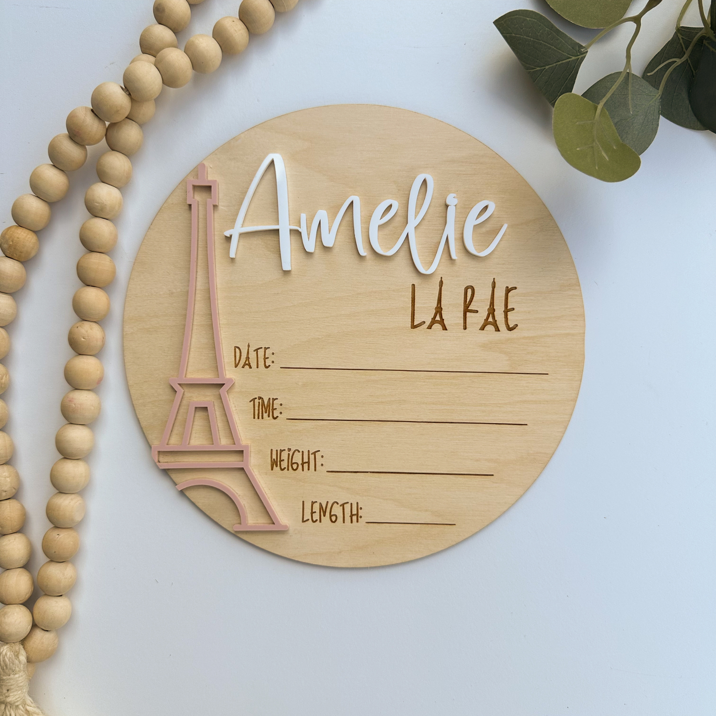 Personalized Birth Announcement, Eiffel Tower Design, Newborn Keepsake, Nursery Decor for Baby Girl