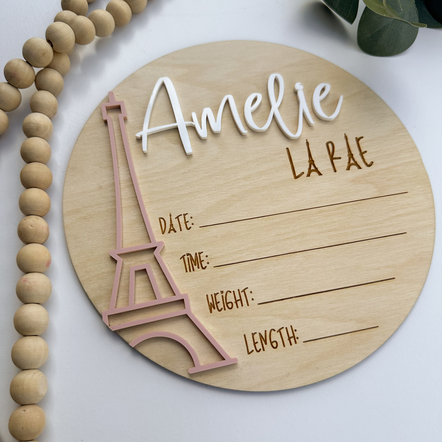 Personalized Birth Announcement, Eiffel Tower Design, Newborn Keepsake, Nursery Decor for Baby Girl