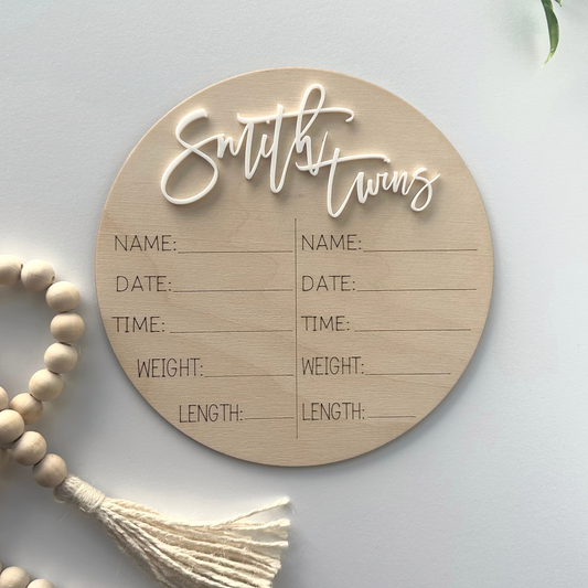 Twins Birth Stat Sign, Twin Baby Gift, Newborn Keepsake, Birth Announcement Sign