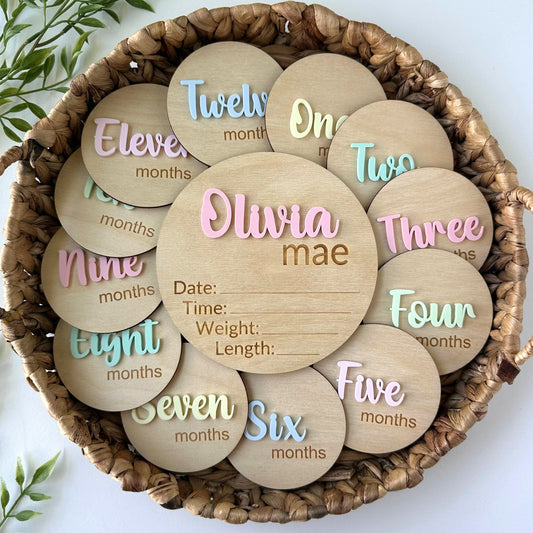 Pastel Birth Stats Sign and Monthly Milestone Set, Baby Gift Set, Baby Shower Gift
