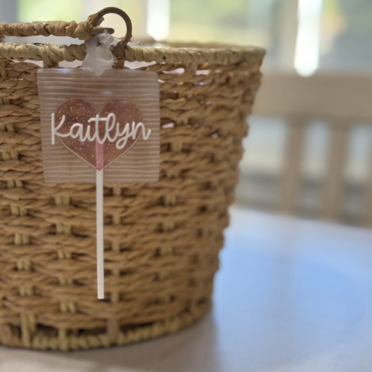 Heart Lollipop Acrylic Name Tag: Personalized Valentines Gift Tag