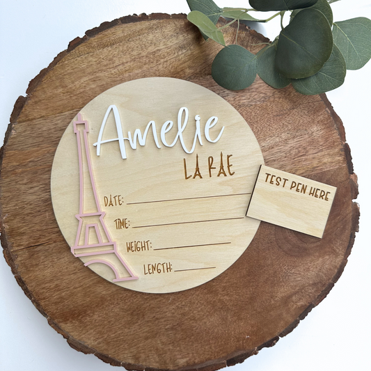 Personalized Birth Announcement, Eiffel Tower Design, Newborn Keepsake, Nursery Decor for Baby Girl