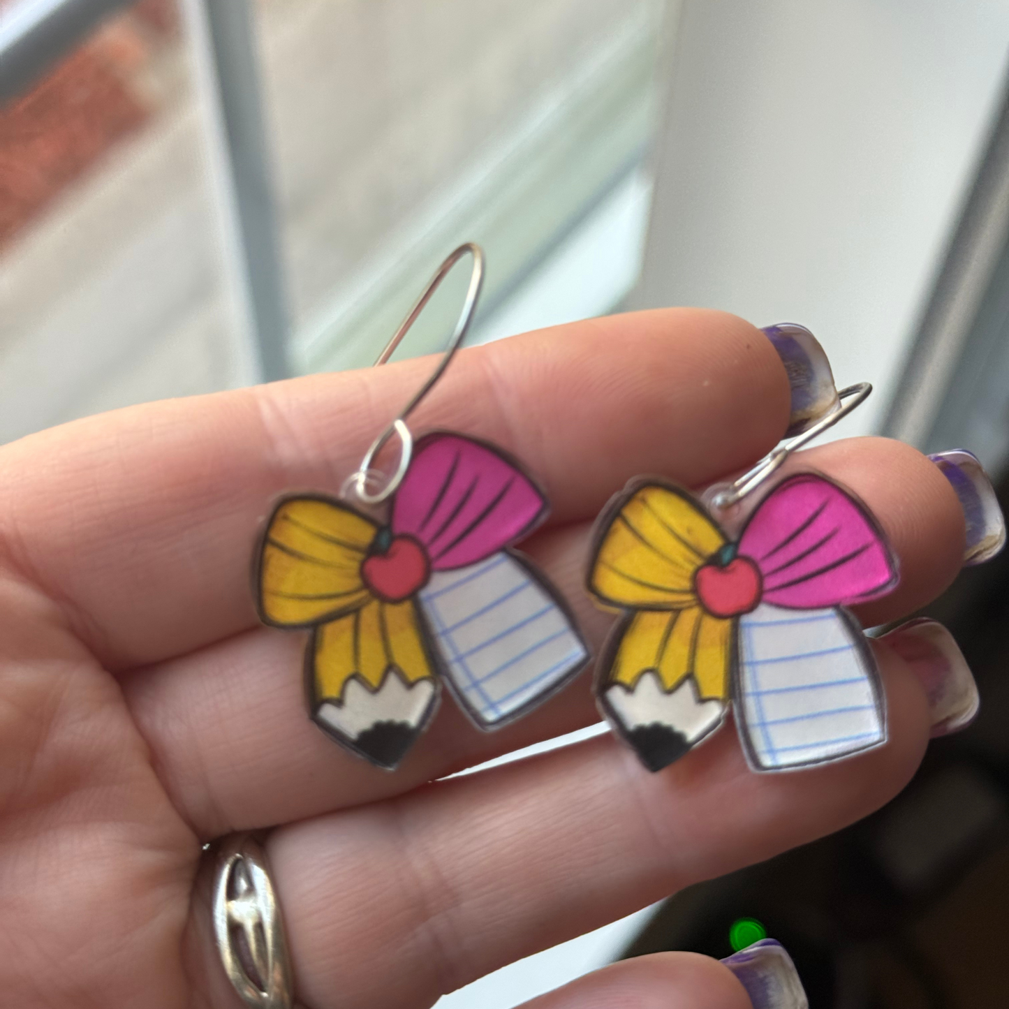 School-Themed Teacher Earrings, Fun Pencil, Apple and Bow Design