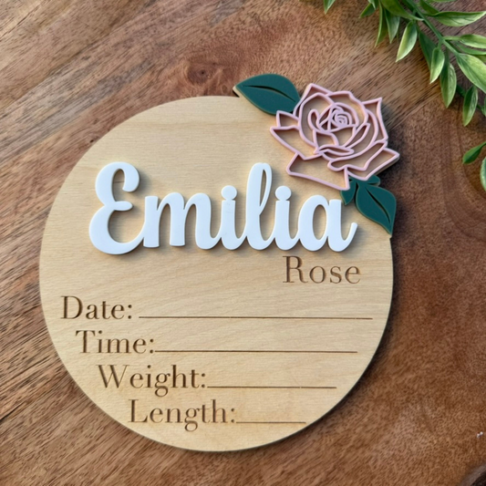 Rose Baby Announcement, Birth Stat and Name Sign for Baby Girl