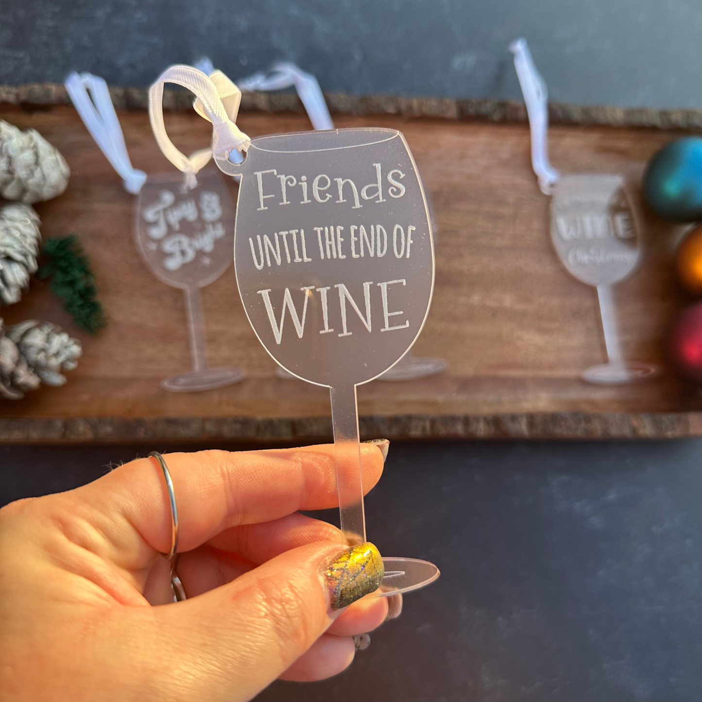 Wine Lovers Christmas Ornaments, Engraved Acrylic Wine Glass, Funny Holiday Decor