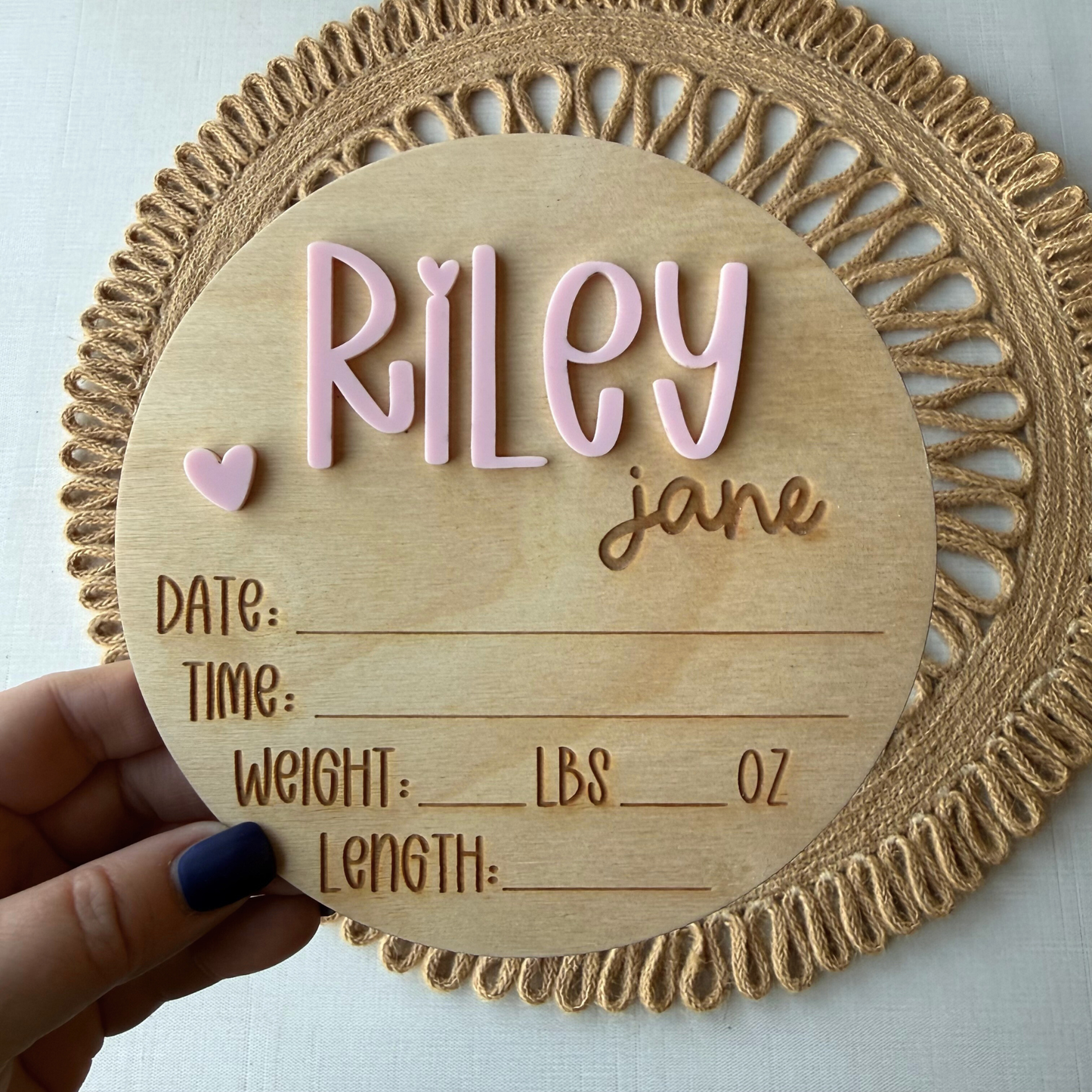 Personalized Baby Birth Announcement & Name Sign with Heart Detail