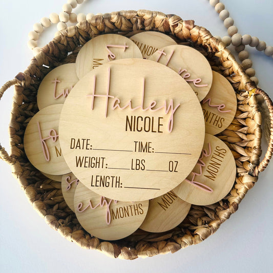 Baby Birth Announcement Sign & Milestone Set: Acrylic Name, Birth Stats