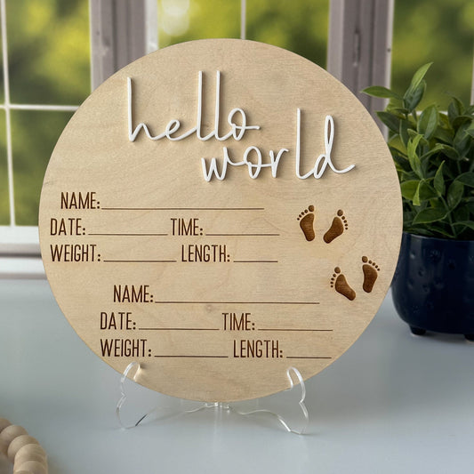 Twin Birth Announcement Sign: Hello World, Birth Stats