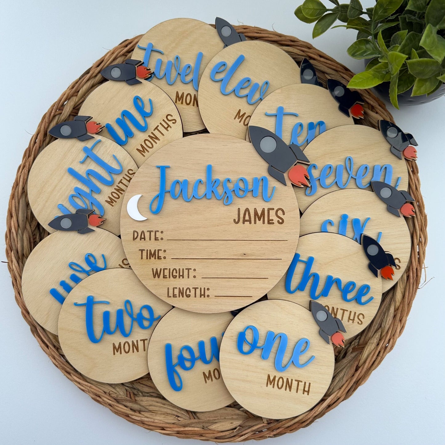 Rocket Baby Birth Announcement Set: Acrylic Name Sign & Milestone Cards