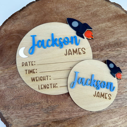 Rocket Baby Birth Announcement Set: Acrylic Name Sign & Milestone Cards