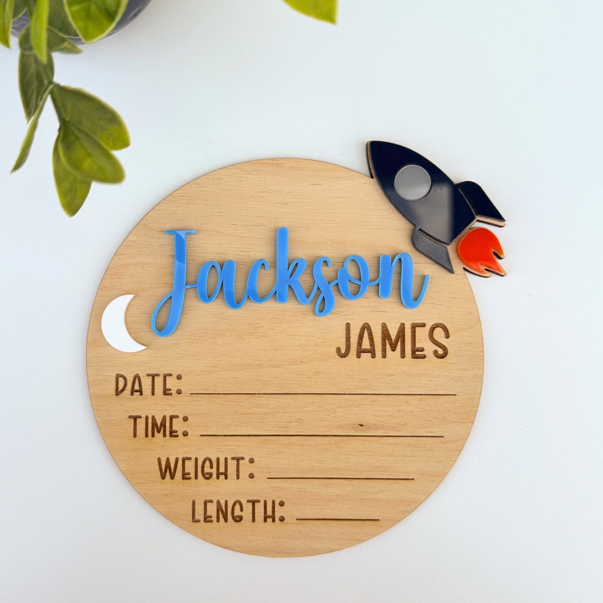 Rocket Baby Birth Announcement Set: Acrylic Name Sign & Milestone Cards