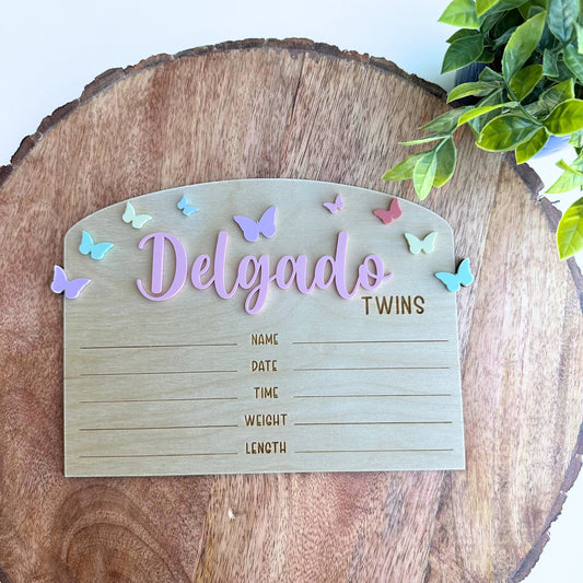 Twin Birth Announcement Sign: Wood Newborn Stats Keepsake