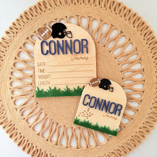 Sports Birth Announcement Sign, Personalized Baseball or Football Baby Name Sign