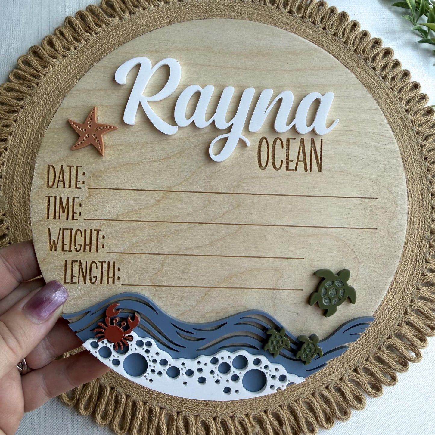 Beach Theme Baby Name Sign with Sea Turtles, Crab and Star Fish
