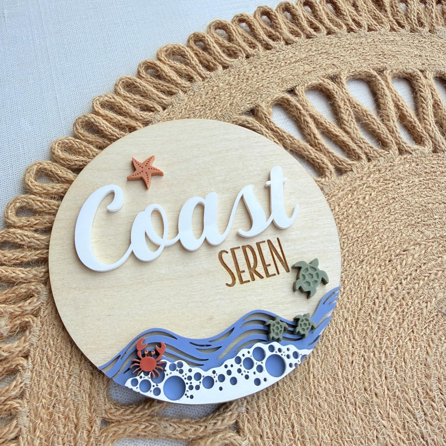Beach Theme Baby Name Sign with Sea Turtles, Crab and Star Fish