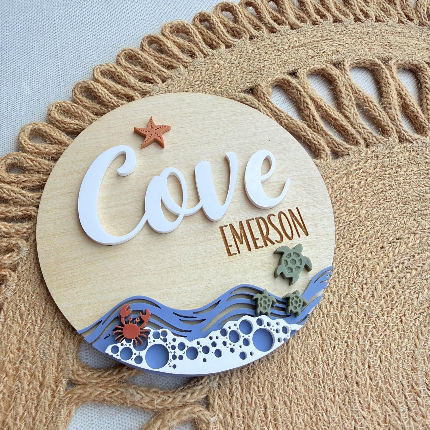 Beach Theme Baby Name Sign with Sea Turtles, Crab and Star Fish