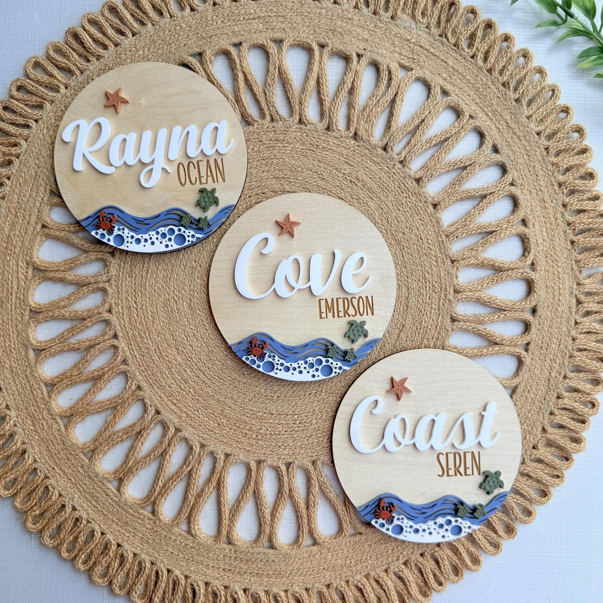 Beach Theme Baby Name Sign with Sea Turtles, Crab and Star Fish