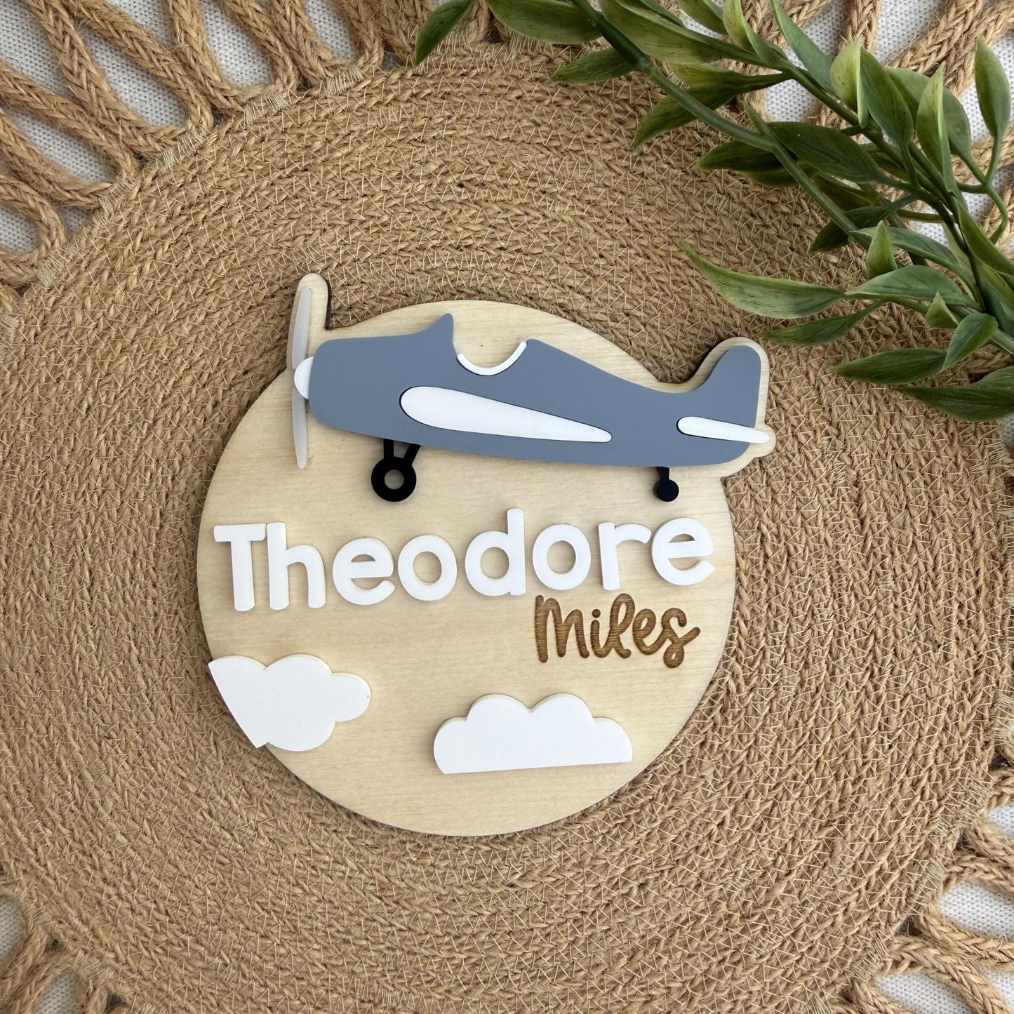 Vintage Airplane Baby Name Sign & Birth Announcement Keepsake Plaque