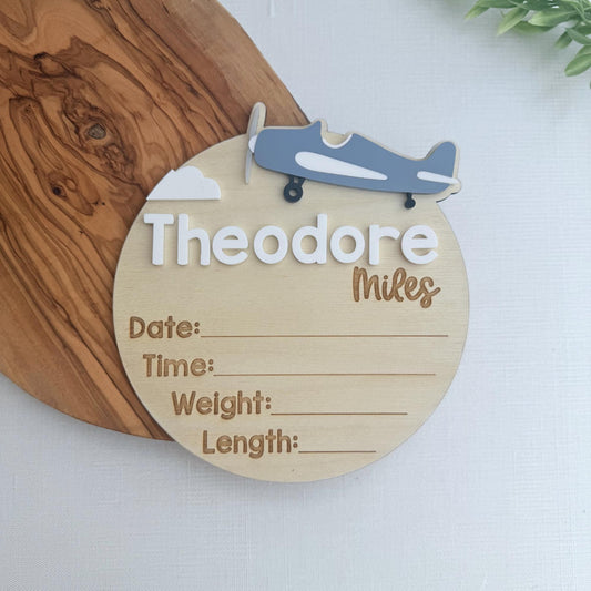 Vintage Airplane Baby Name Sign & Birth Announcement Keepsake Plaque