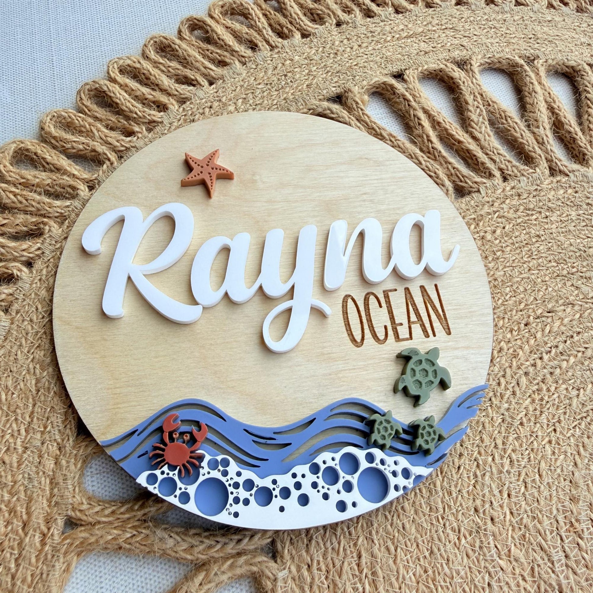 Beach Theme Baby Name Sign with Sea Turtles, Crab and Star Fish