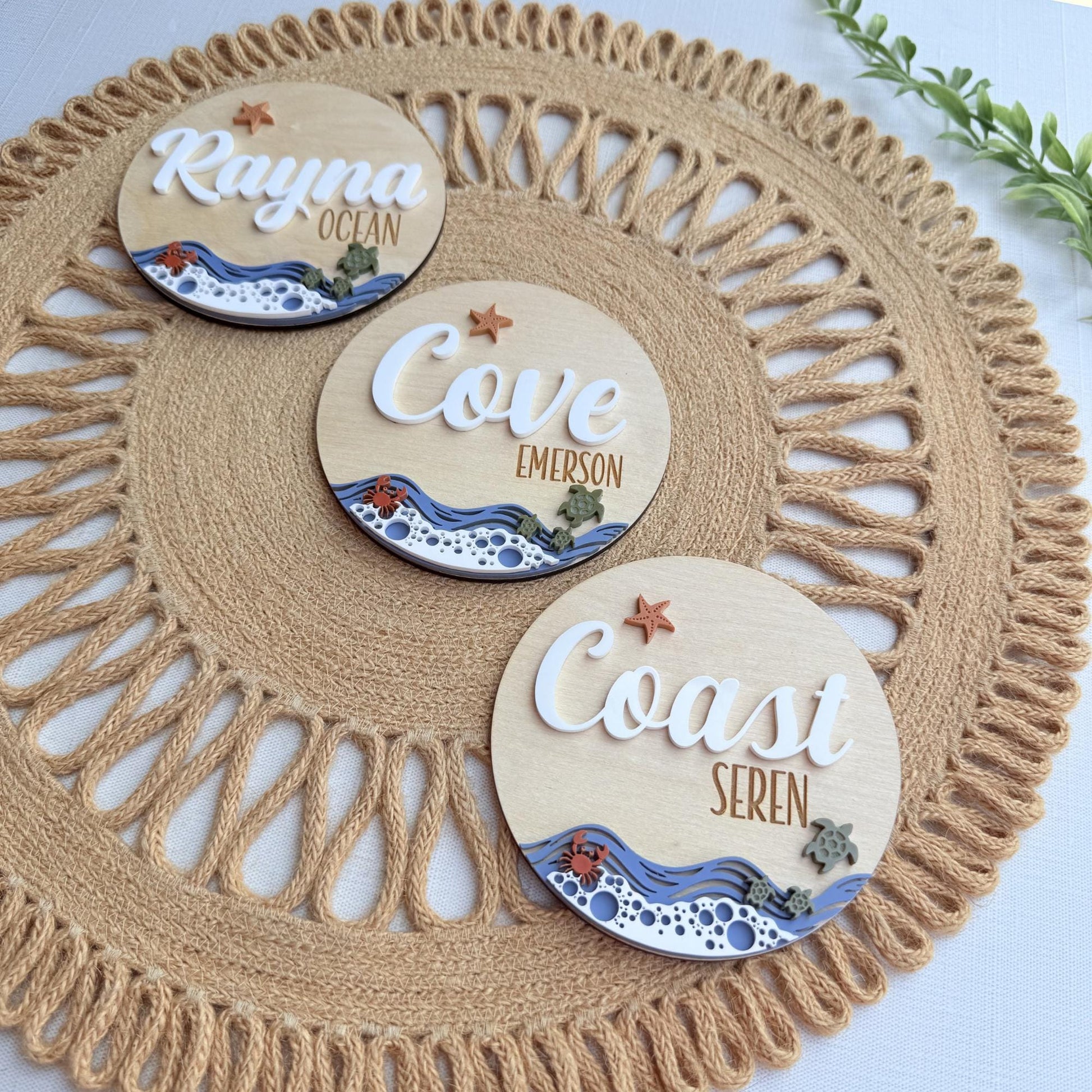 Beach Theme Baby Name Sign with Sea Turtles, Crab and Star Fish