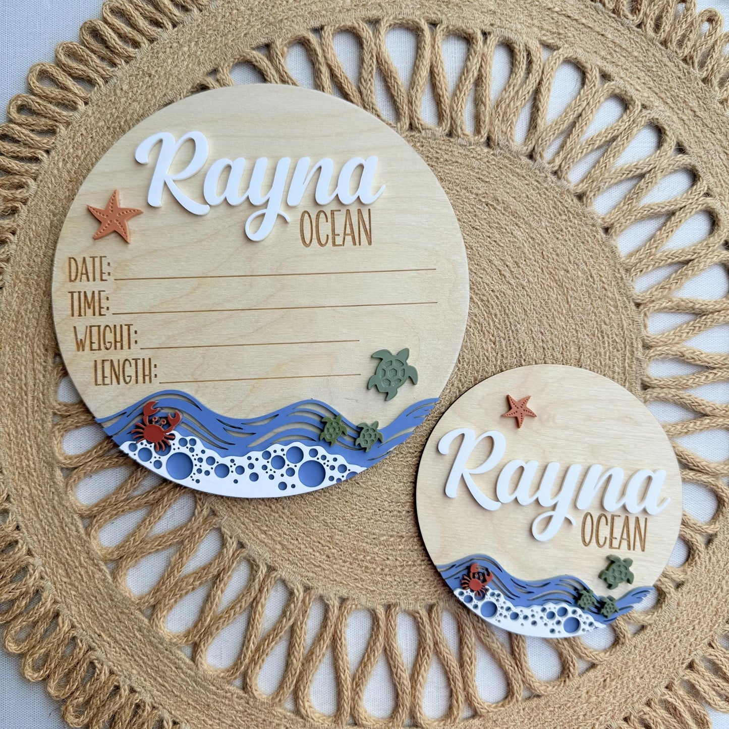 Beach Theme Baby Name Sign with Sea Turtles, Crab and Star Fish