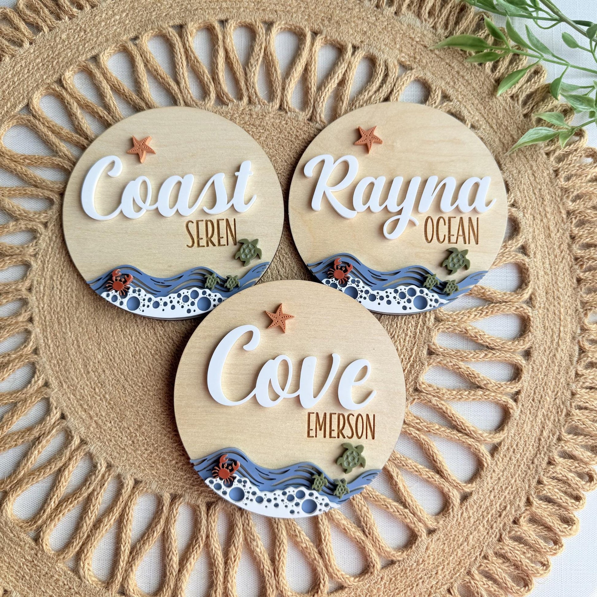 Beach Theme Baby Name Sign with Sea Turtles, Crab and Star Fish