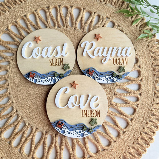 Beach Theme Baby Name Sign with Sea Turtles, Crab and Star Fish