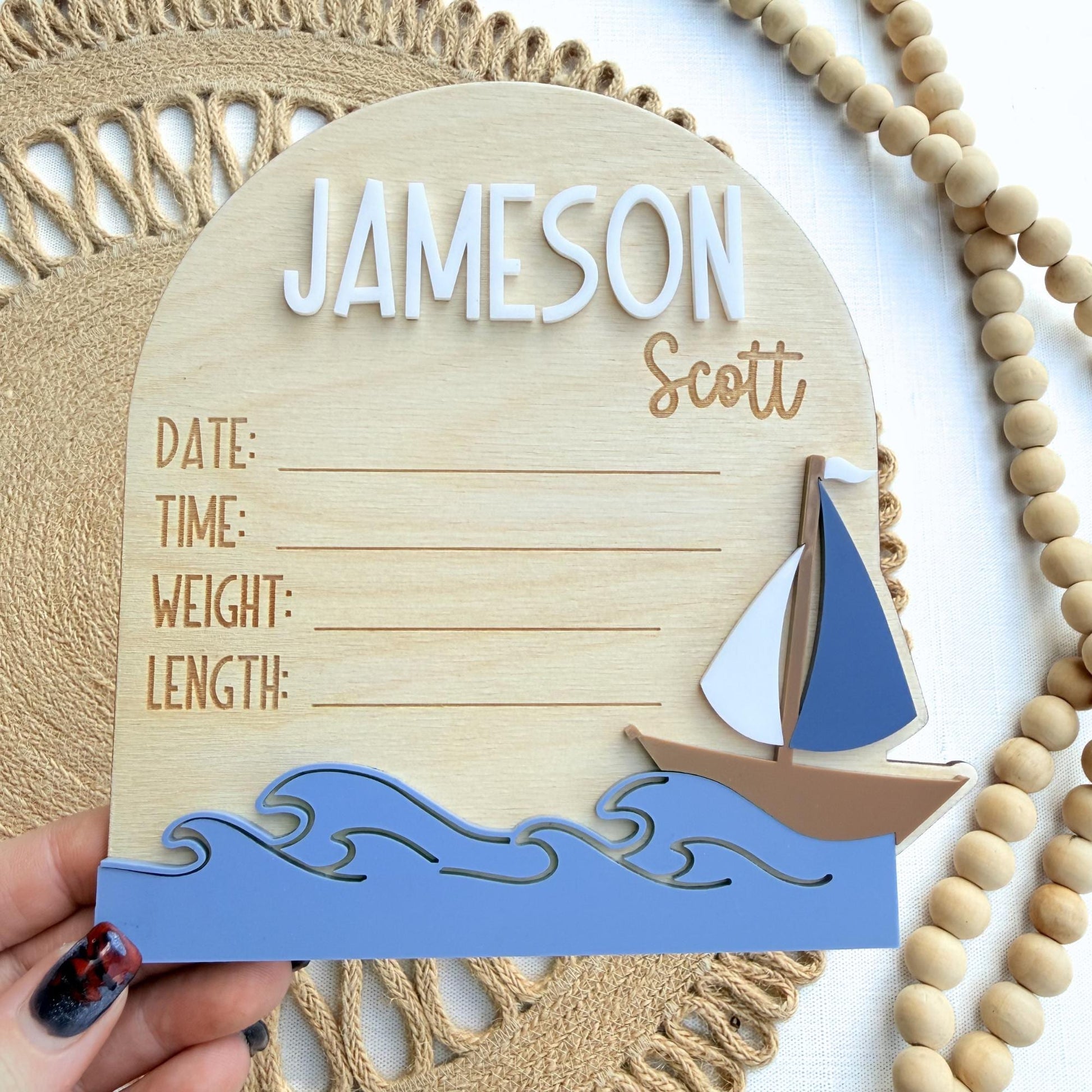 Baby Birth Announcement: Nautical Sailboat Theme Birth Stat and Name Sign