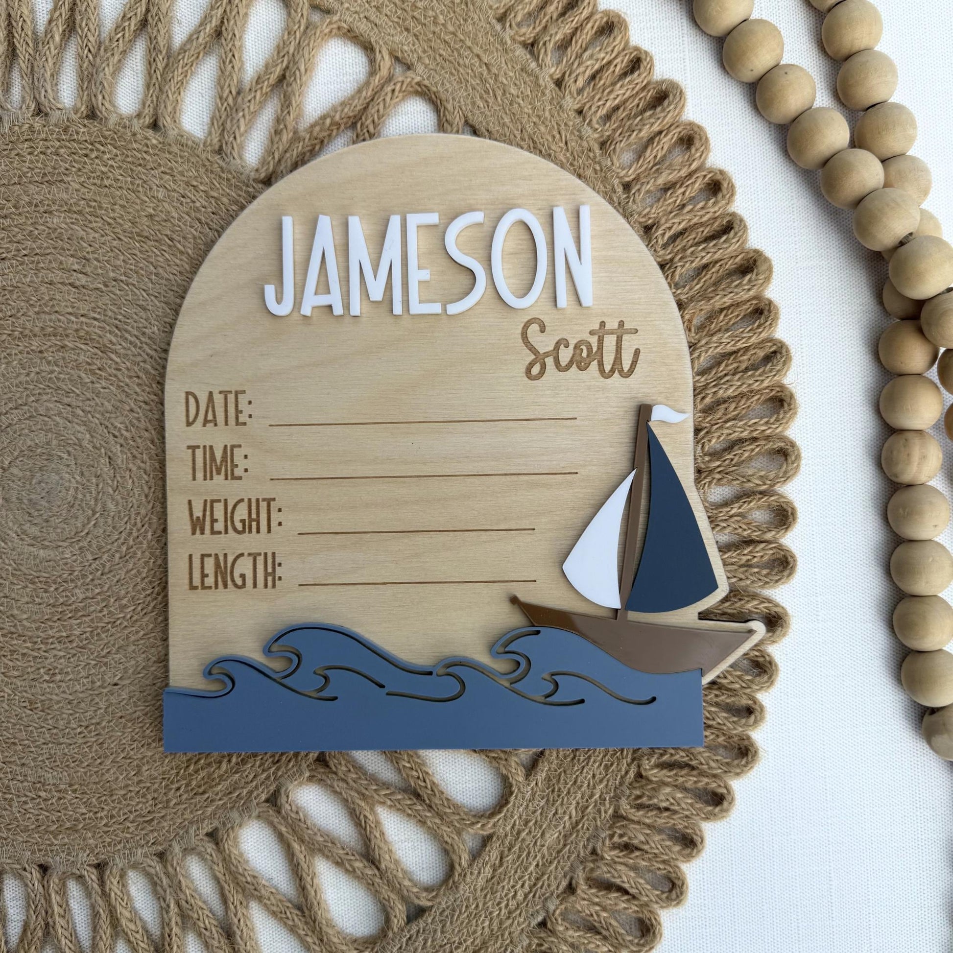 Baby Birth Announcement: Nautical Sailboat Theme Birth Stat and Name Sign