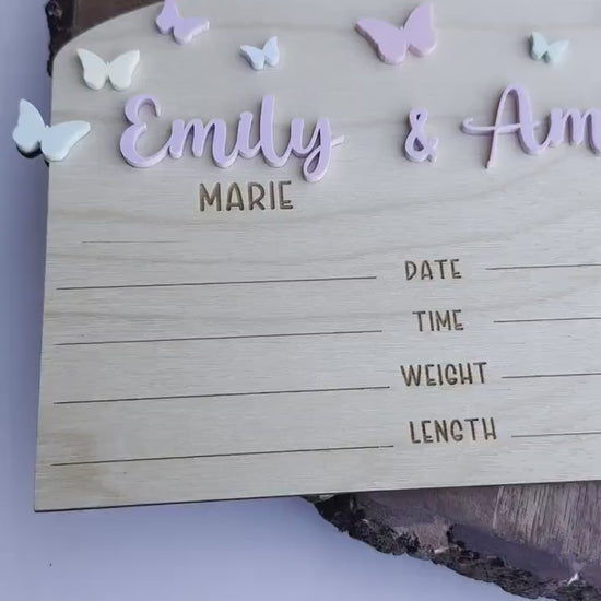 Twin Birth Announcement Sign: Wood Newborn Stats Keepsake