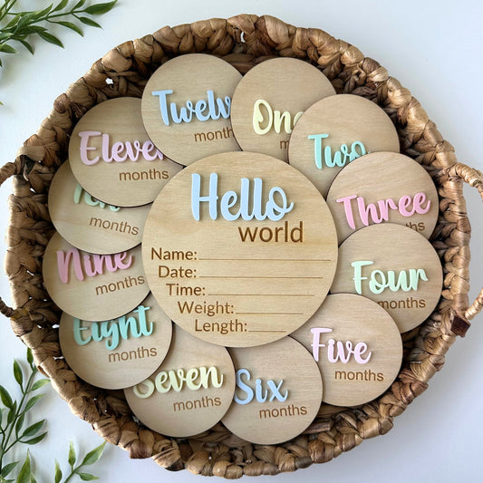 Hello World Birth Stats Sign and Monthly Milestone Set, Baby Gift Set, Baby Shower Gift, Baby Milestone Cards